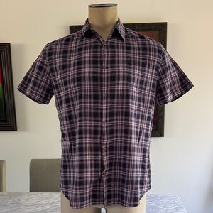John Varvatos Men’s Medium Dark Plaid Button Down Short Sleeve Shirt